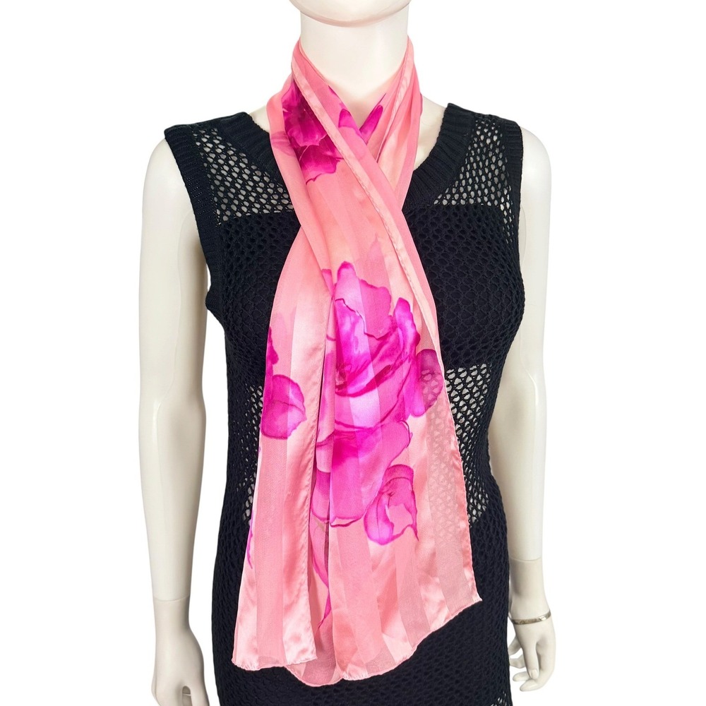 Elaine Gold Collection XIIX 100% Silk Scarf Pink Floral Rose Striped Sheer